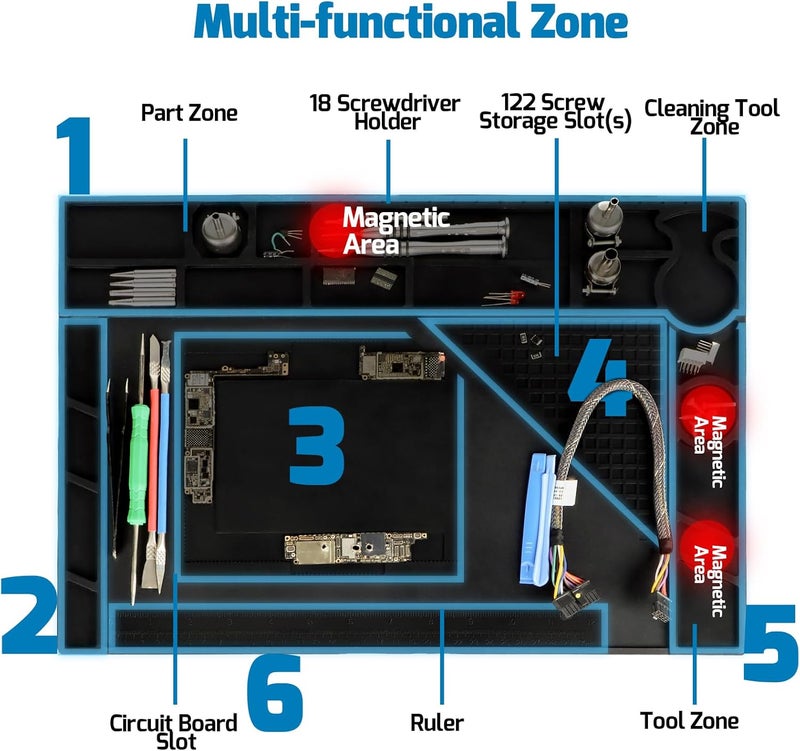 WeP M170 Silicone Soldering Mat 17.3x12.2 inches Heat-resistant with 8 Function Zones, Magnetic Mat/Soldering Mat for, electronics repair, DIY Projects - Image 4